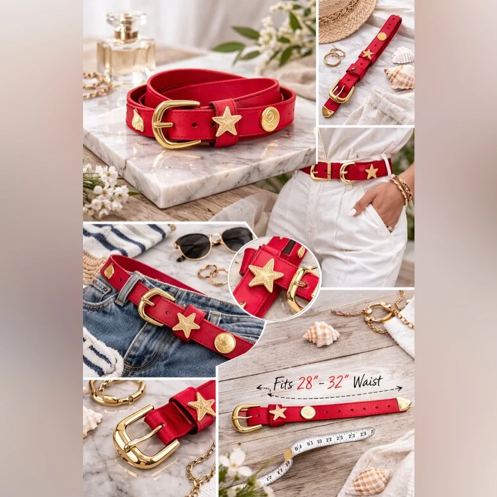 Vintage Dockers Coastal Red Leather Belt Gold Seashells M 28–32